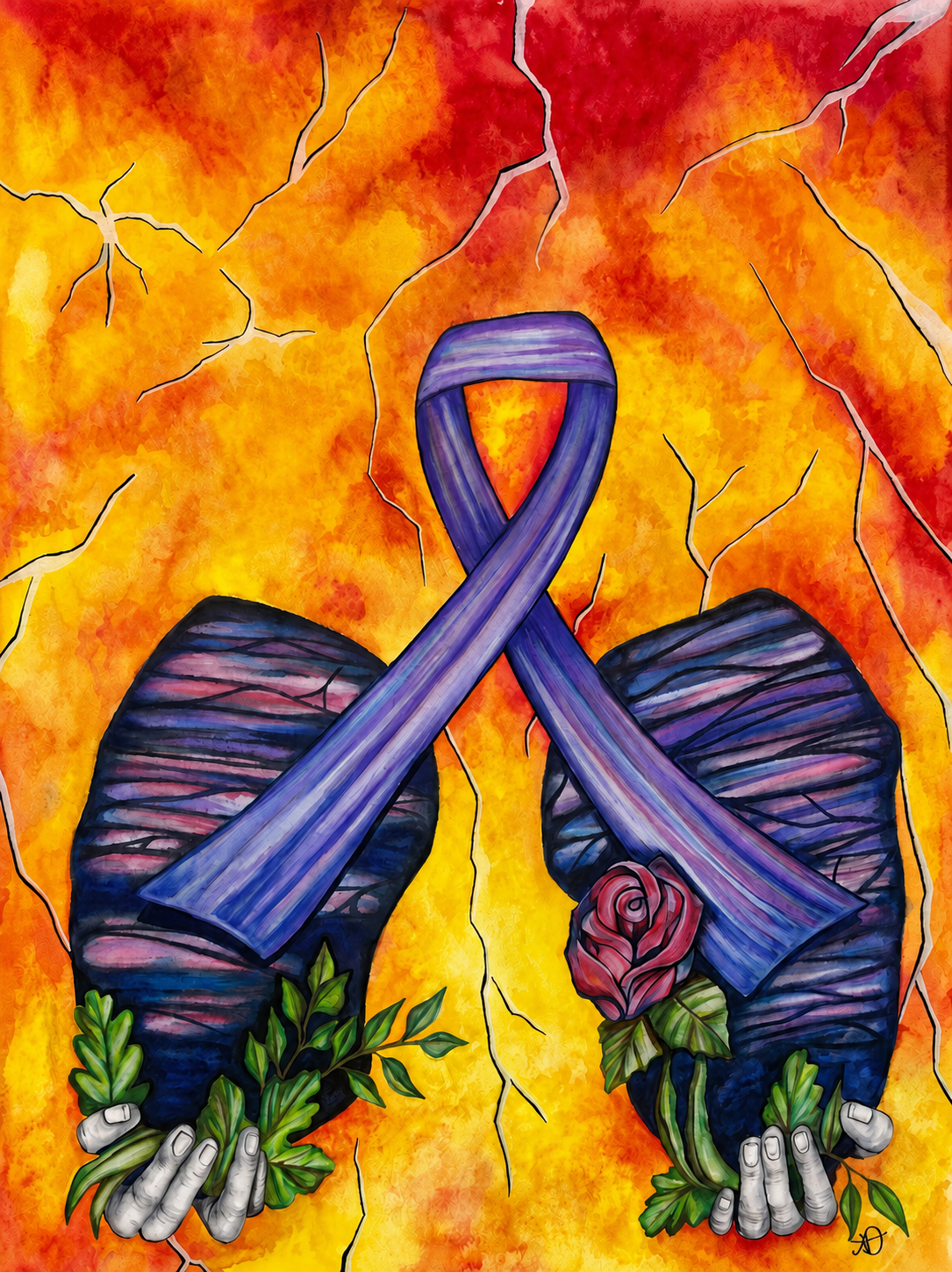 Watercolor painting of lungs with a purple awareness ribbon, roses, and clasped hands against a fiery background