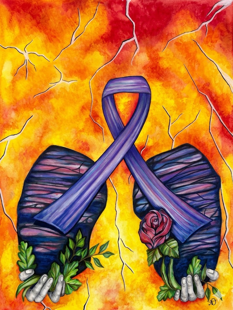 Watercolor painting of lungs with a purple awareness ribbon, roses, and clasped hands against a fiery background